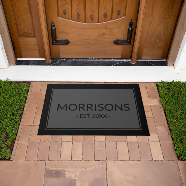 Modern charcoal grey black custom name date border doormat (Outdoor)