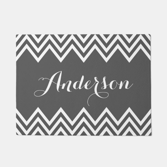 Modern Charcoal Grey Chevron Custom Monogram Doormat (Front)