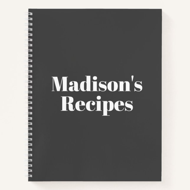Modern charcoal grey custom name text Recipe Book  (Front)