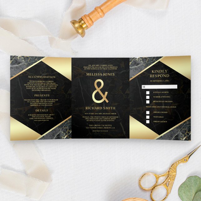 Modern Charcoal Grey Gold Marble Ampersand Wedding Tri-Fold Invitation (Creator Uploaded)