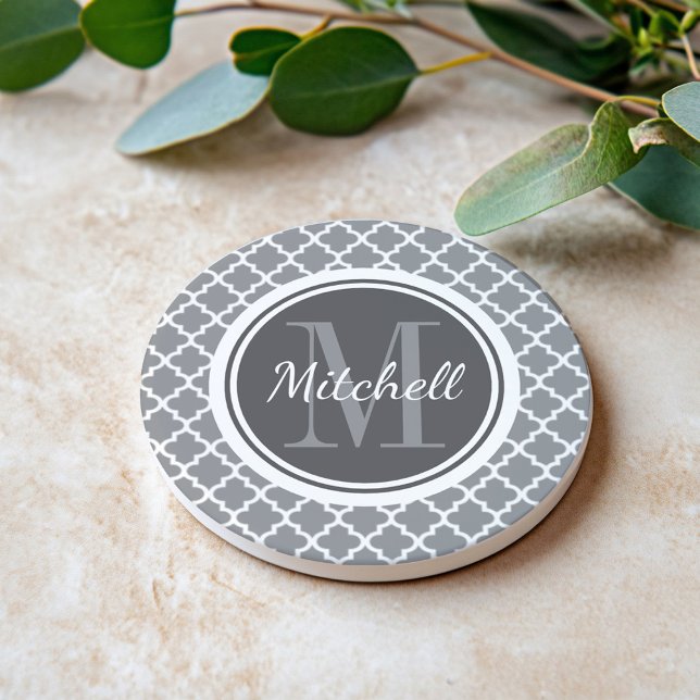 Modern Charcoal Grey Quatrefoil Family Monogram Coaster (Creator Uploaded)