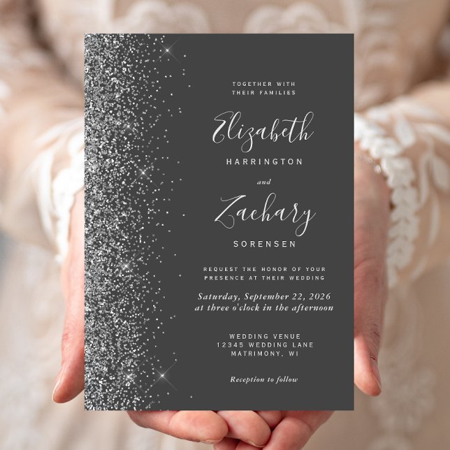 Modern Charcoal Grey Silver Glitter Edge Wedding Invitation (Creator Uploaded)