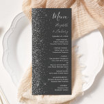 Modern Charcoal Grey Silver Glitter Edge Wedding Menu<br><div class="desc">The left-hand edge of this elegant modern wedding menu features a silver faux glitter design. The customisable text combines silver grey handwriting,  copperplate and italic fonts on a charcoal grey background. The reverse side features a matching grey and silver glitter design.</div>