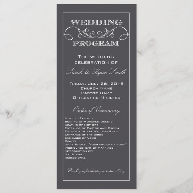 Modern Charcoal Grey Swirl Wedding Program (Front)