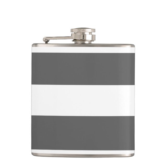 Modern Charcoal Grey White Stripes Pattern Hip Flask (Front)