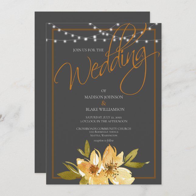 Modern Charcoal Grey, Yellow and Copper Wedding Invitation (Front/Back)