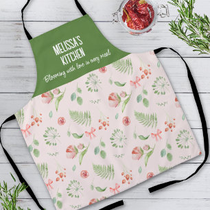 Modern Charming Pink Green Floral Pattern  Apron