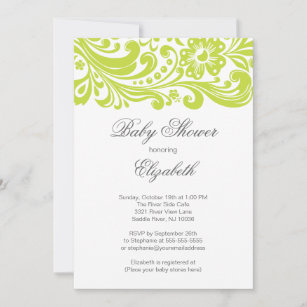 Modern chartreuse Green Floral Swirl Baby Shower Invitation