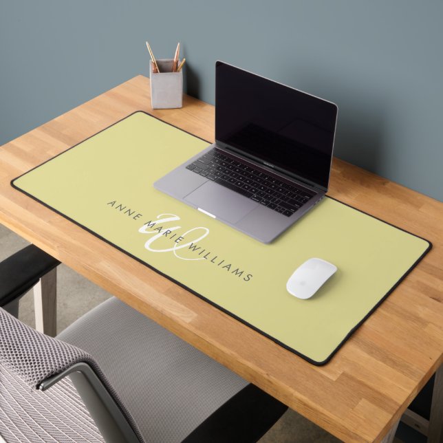 Modern Chartreuse White Script Monogram Desk Mat (Office 2)