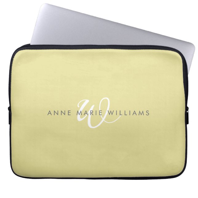 Modern Chartreuse White Script Monogram Laptop Sleeve (Front)