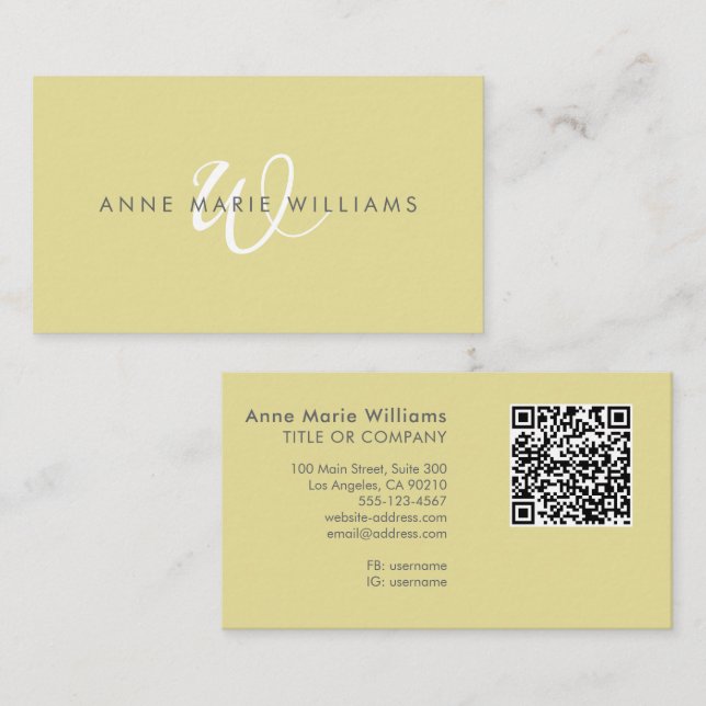 Modern Chartreuse White Script Monogram QR Code Business Card (Front/Back)