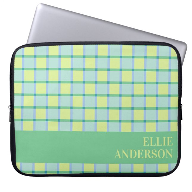 Modern Checker Blue Green Lime Personalized  Laptop Sleeve (Front)
