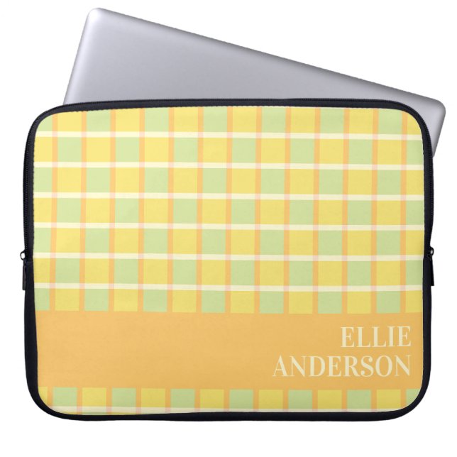 Modern Checker Green Yellow Orange Personalized Laptop Sleeve (Front)