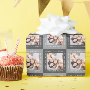 Modern Checker Pattern Happy Birthday Family Photo Wrapping Paper