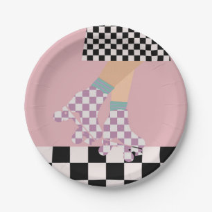 Modern Checkered Roller Skating Girl Art Checks  Paper Plate