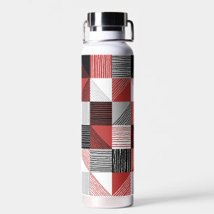 Modern Checks with Lines, Black, Red, White, Grey Water Bottle