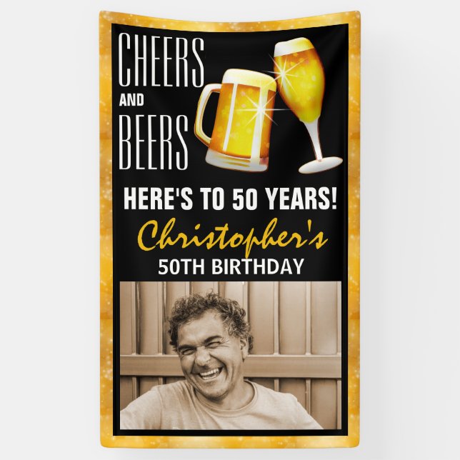Modern Cheers & Beers Photo Birthday Party Door Banner (Vertical)