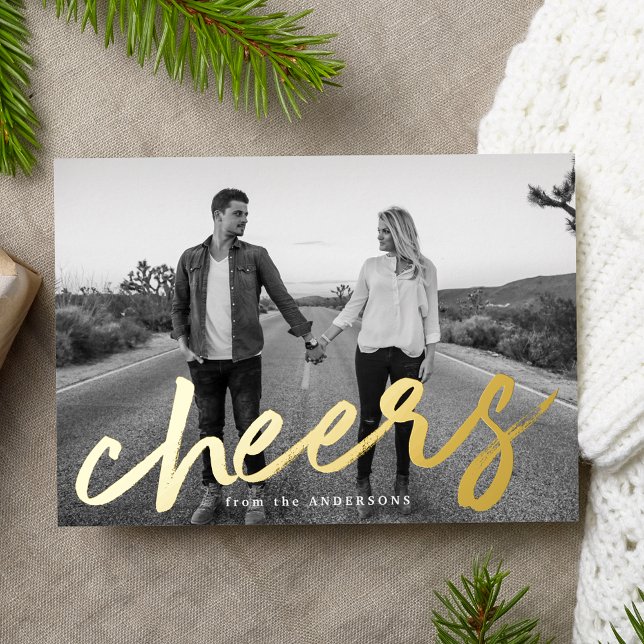 Modern Cheers Gold Luxe Photo Foil Holiday Card (Creator Uploaded)