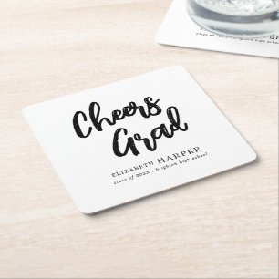 Modern Cheers Grad Brush Script Graduation  Square Paper Coaster