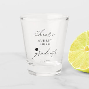 Modern Cheers Graduate Script Graduation Hat Shot Glass