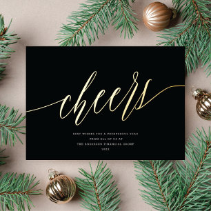 Modern Cheers Non-Photo Business Black Gold Foil Holiday Card