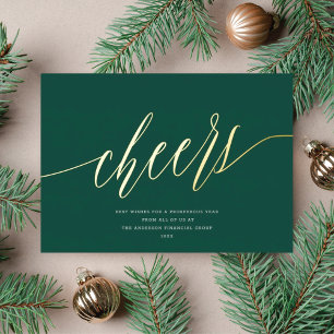 Modern Cheers Non-Photo Business Dark Green Gold Foil Holiday Card