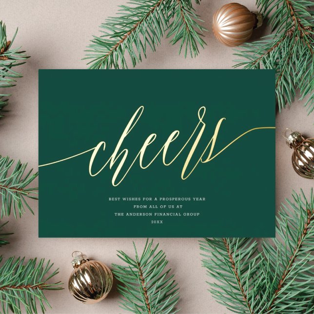 Modern Cheers Non-Photo Business Dark Green Gold Foil Holiday Card (Creator Uploaded)