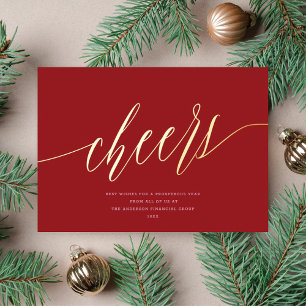 Modern Cheers Non-Photo Business Deep Red Gold Foil Holiday Card