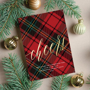 Modern Cheers Red Tartan Non-Photo Business Foil Holiday Card