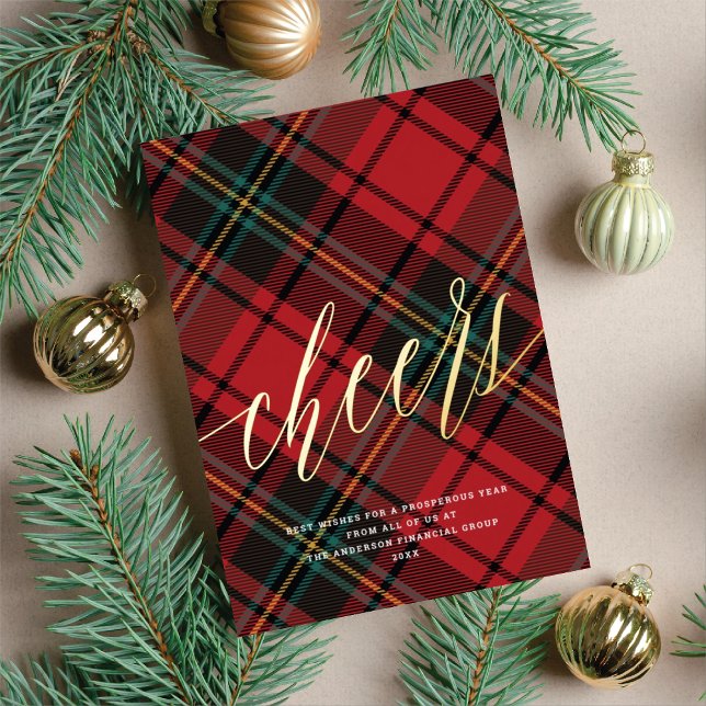 Modern Cheers Red Tartan Non-Photo Business Foil Holiday Card (Creator Uploaded)