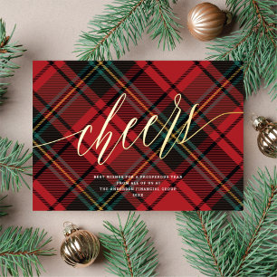 Modern Cheers Red Tartan Non-Photo Business Gold Foil Holiday Card