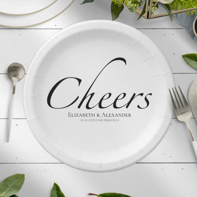 Modern Cheers Script | Black & White Wedding Paper Plate (Creator Uploaded)