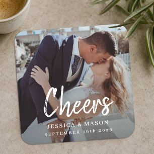 Modern Cheers Script Couple Wedding Photo Square Paper Coaster