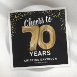 Modern Cheers to 70 Years Adult Birthday Napkins<br><div class="desc">Elegant seventieth birthday party napkins featuring a stylish black background that can be changed to any colour,  gold sparkly glitter,  the saying "cheers to 70 years" using seventy gold hellium balloons,  their name,  and the date of the celebration.</div>