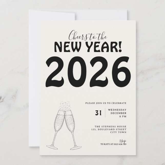 Modern Cheers to New Year Bold Typo Black White Invitation (Front)