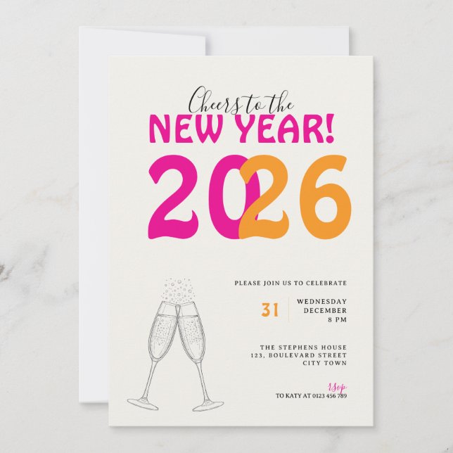 Modern Cheers to New Year Bold Typo Invitation (Front)
