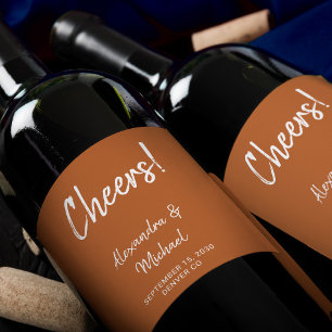 Modern cheers to newlyweds terracotta wedding wine label