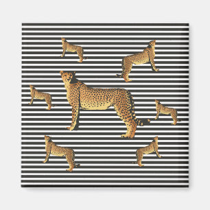 Modern Cheetah Pattern on Black and White Stripes Magnet