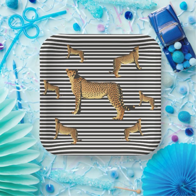 Modern Cheetah Pattern on Black and White Stripes Paper Plate (Party)
