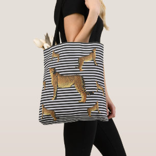 Modern Cheetah Pattern on Black and White Stripes Tote Bag