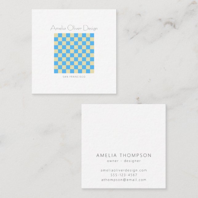 Modern Chequerboard Blue Simple Stylish Custom Square Business Card (Front/Back)