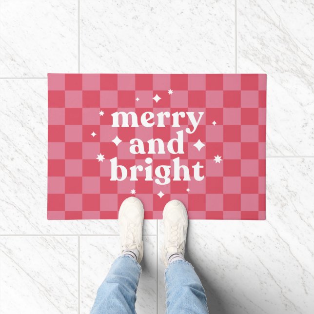 Modern Chequerboard Merry and Bright Christmas Doormat (Indoor)