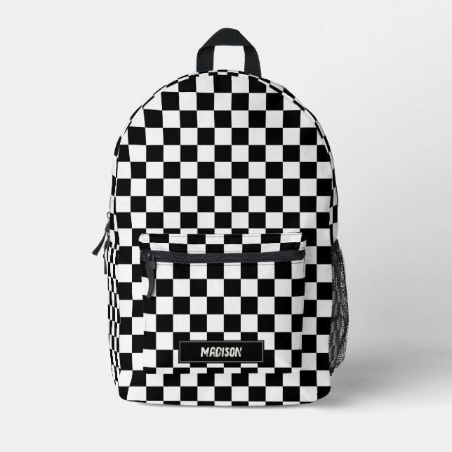 Modern Chequered Black & White Pattern Custom Name Printed Backpack (Front)