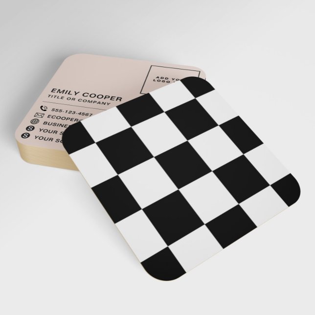 Modern Chequered Chequerboard Add Logo Black White Square Business Card (Creator Uploaded)