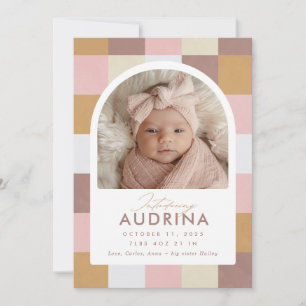 Modern Chequered Pattern Birth Photo Announcement