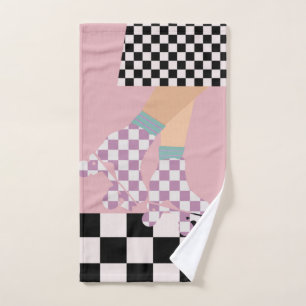 Modern Chequered Roller Skating Girl Art Checks   Hand Towel