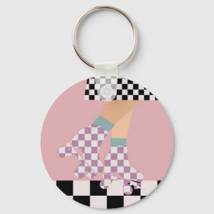 Modern Chequered Roller Skating Girl Art Checks   Key Ring