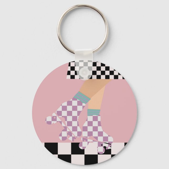 Modern Chequered Roller Skating Girl Art Checks   Key Ring (Front)
