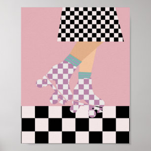 Modern Chequered Roller Skating Girl Art Checks  Poster