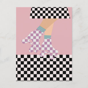 Modern Chequered Roller Skating Girl Art  Postcard
